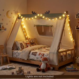 Twin Size House Floor Wood Bed with Tent