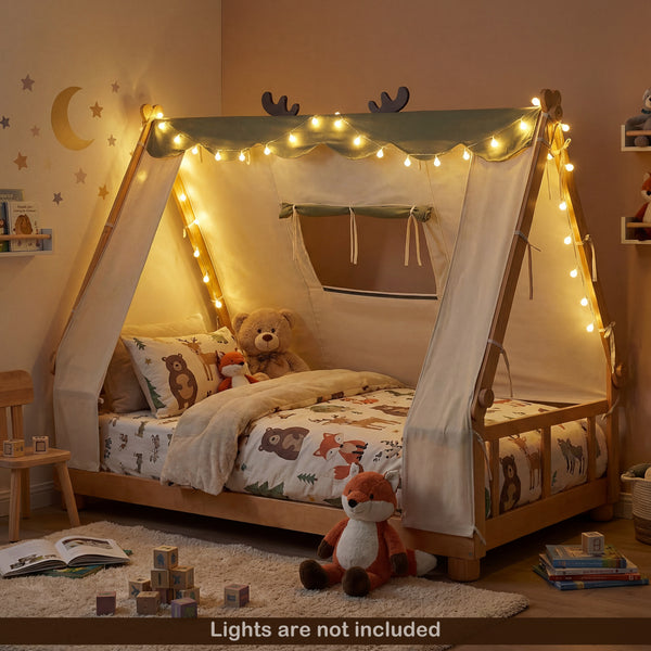 Twin Size House Floor Wood Bed with Tent