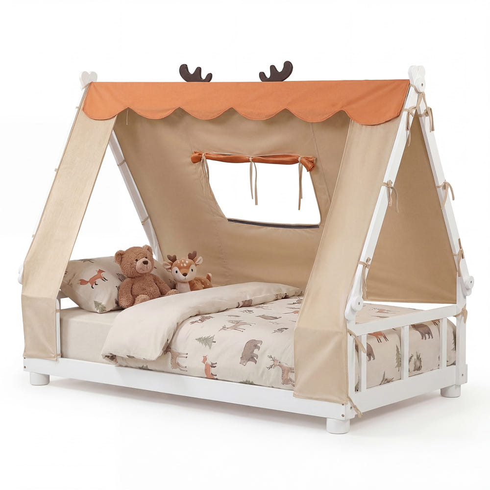 Twin Size House Floor Wood Bed with Tent