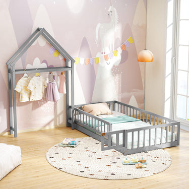 Twin Size House Floor Bed with House-shaped Headboard