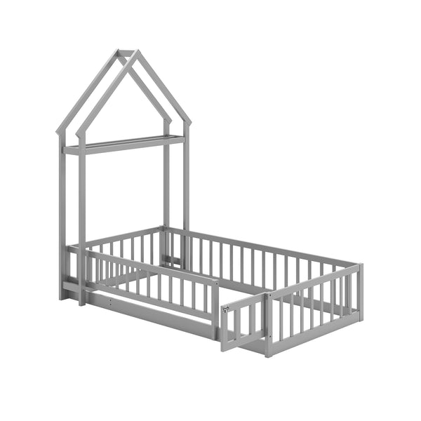 Twin Size House Floor Bed with House-shaped Headboard