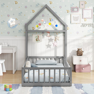Twin Size House Floor Bed with House-shaped Headboard