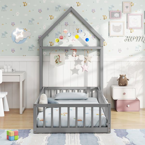 Twin Size House Floor Bed with House-shaped Headboard