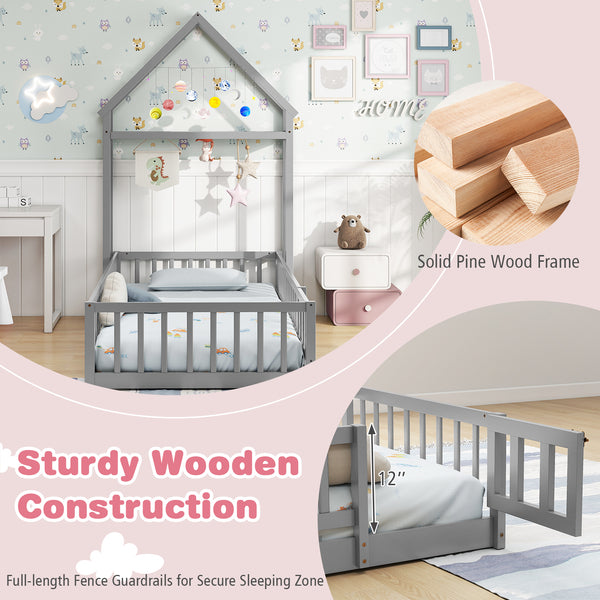 Twin Size House Floor Bed with House-shaped Headboard