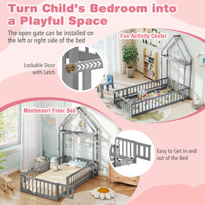 Twin Size House Floor Bed with House-shaped Headboard