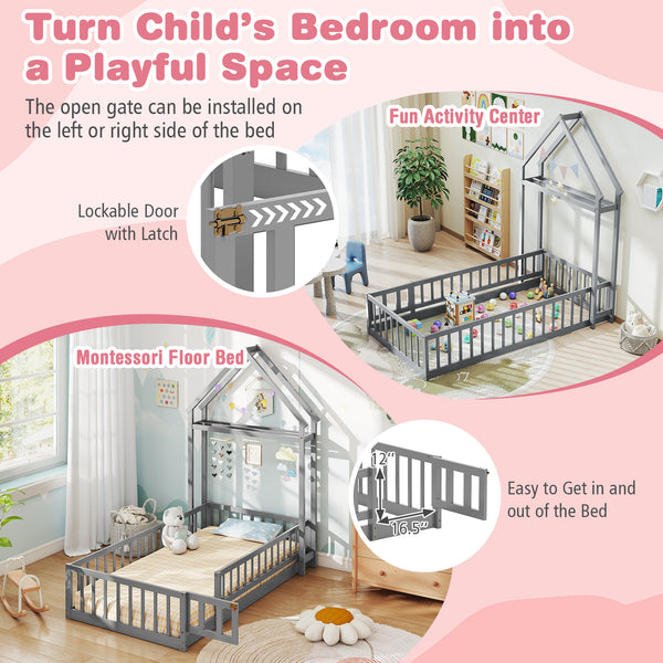 Twin Size House Floor Bed with House-shaped Headboard