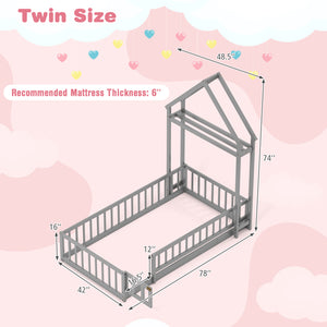 Twin Size House Floor Bed with House-shaped Headboard