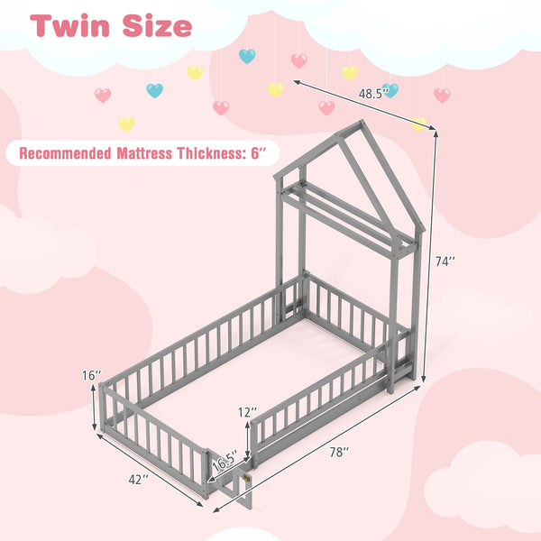 Twin Size House Floor Bed with House-shaped Headboard