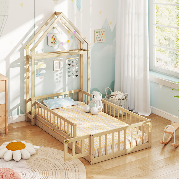 Twin Size House Floor Bed with House-shaped Headboard