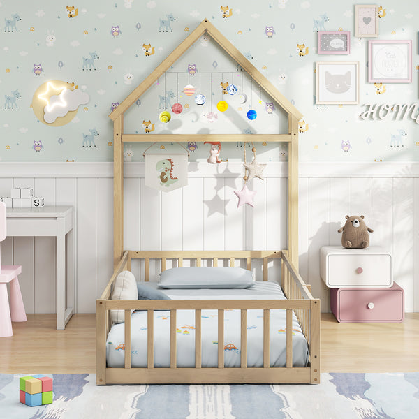 Twin Size House Floor Bed with House-shaped Headboard