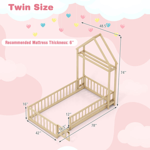 Twin Size House Floor Bed with House-shaped Headboard