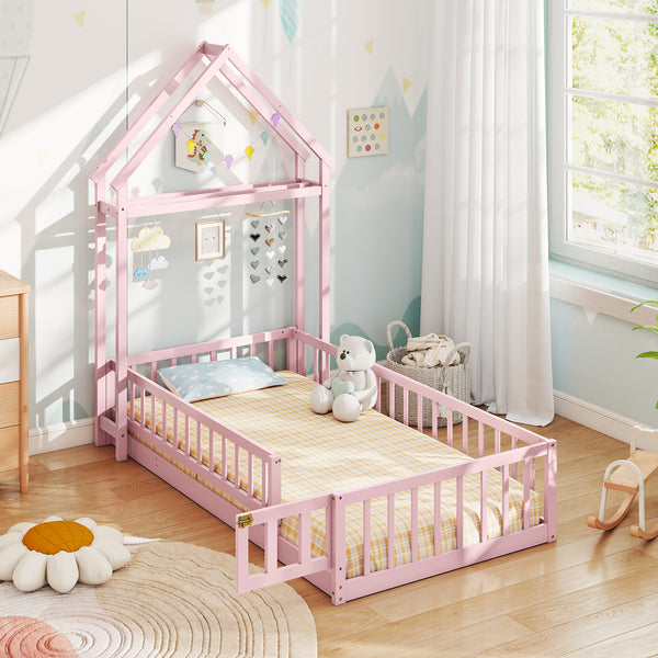 Twin Size House Floor Bed with House-shaped Headboard