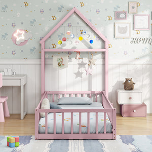 Twin Size House Floor Bed with House-shaped Headboard
