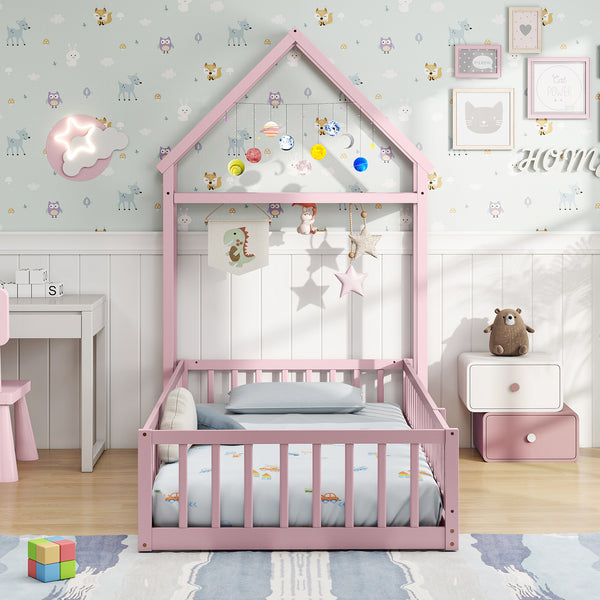 Twin Size House Floor Bed with House-shaped Headboard