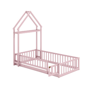 Twin Size House Floor Bed with House-shaped Headboard