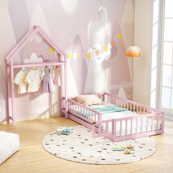 Twin Size House Floor Bed with House-shaped Headboard