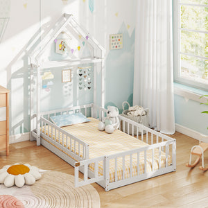 Twin Size House Floor Bed with House-shaped Headboard