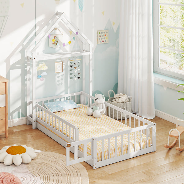 Twin Size House Floor Bed with House-shaped Headboard
