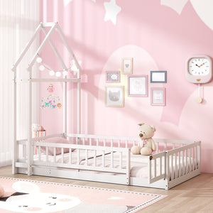 Twin Size House Floor Bed with House-shaped Headboard