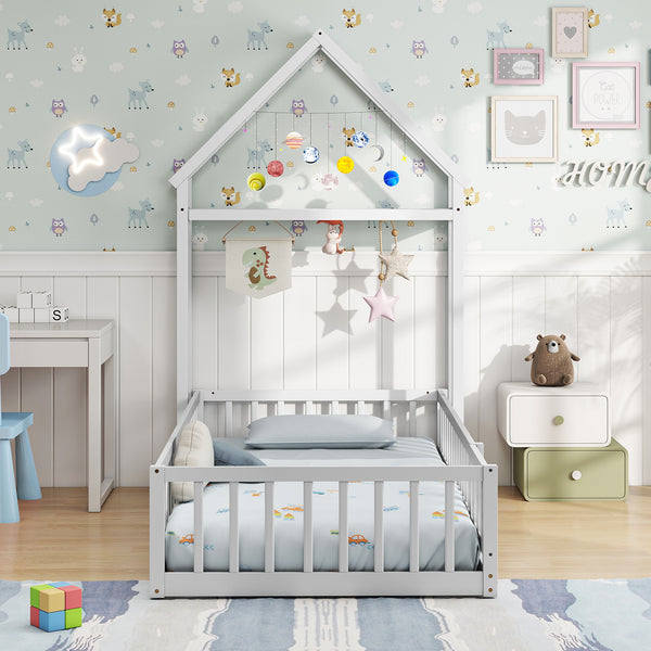 Twin Size House Floor Bed with House-shaped Headboard