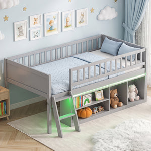 Twin Size Loft Bed with Adjustable LED Lights & Bookshelves and Guardrails for Kids