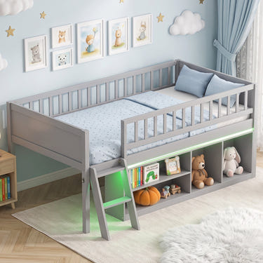 Twin Loft Bed with LED Lights & Bookshelf for Kids