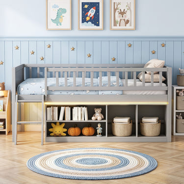 Twin Size Loft Bed with Adjustable LED Lights & Bookshelves and Guardrails for Kids