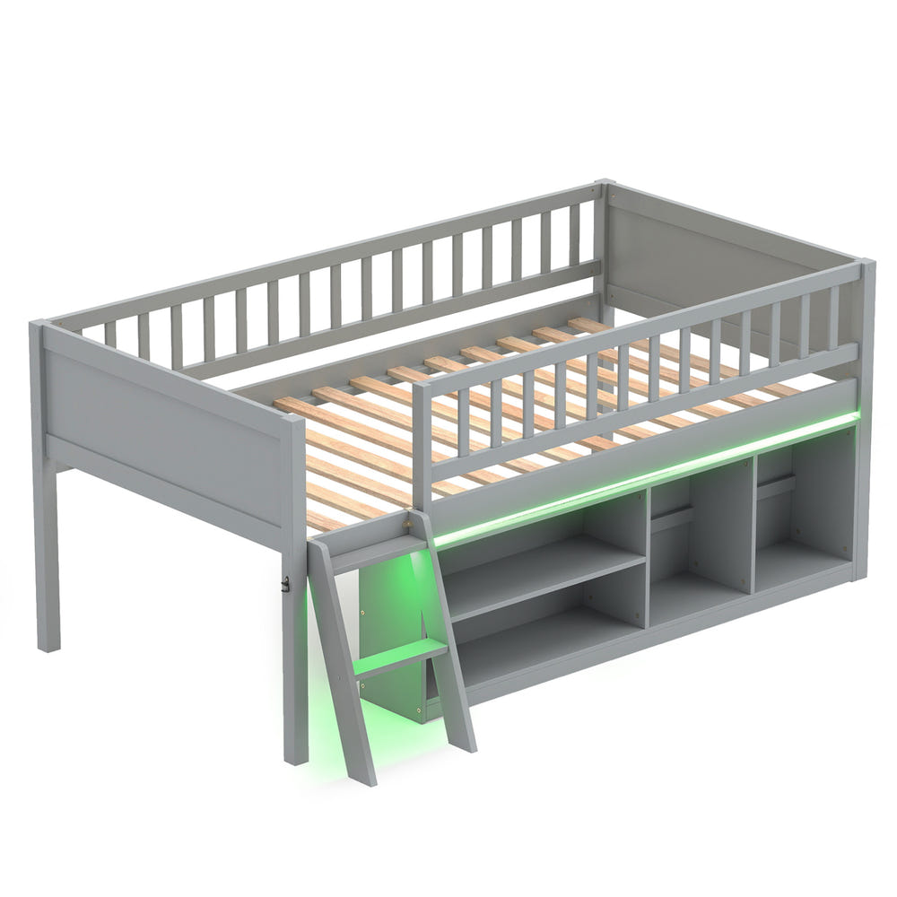 Twin Size Loft Bed with Adjustable LED Lights & Bookshelves and Guardrails for Kids