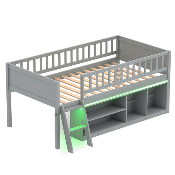 Twin Size Loft Bed with Adjustable LED Lights & Bookshelves and Guardrails for Kids