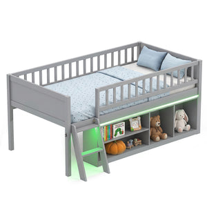 Twin Size Loft Bed with Adjustable LED Lights & Bookshelves and Guardrails for Kids