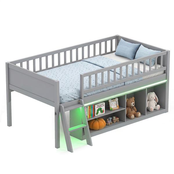 Twin Size Loft Bed with Adjustable LED Lights & Bookshelves and Guardrails for Kids