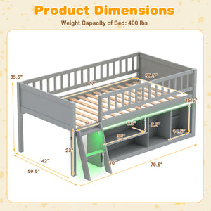 Twin Size Loft Bed with Adjustable LED Lights & Bookshelves and Guardrails for Kids