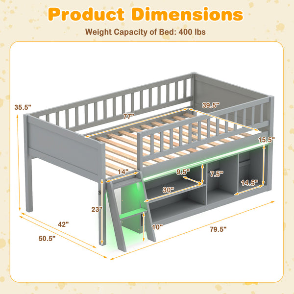 Twin Size Loft Bed with Adjustable LED Lights & Bookshelves and Guardrails for Kids