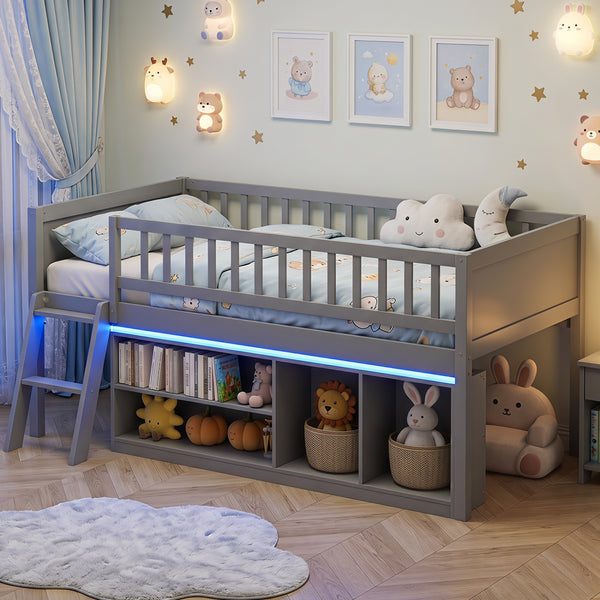 Twin Size Loft Bed with Adjustable LED Lights & Bookshelves and Guardrails for Kids