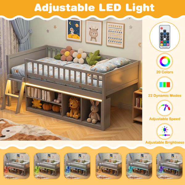 Twin Size Loft Bed with Adjustable LED Lights & Bookshelves and Guardrails for Kids