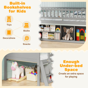 Twin Size Loft Bed with Adjustable LED Lights & Bookshelves and Guardrails for Kids