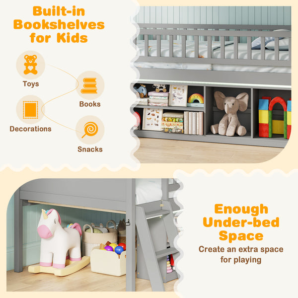 Twin Size Loft Bed with Adjustable LED Lights & Bookshelves and Guardrails for Kids