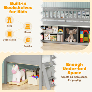 Twin Loft Bed with LED Lights & Bookshelf for Kids