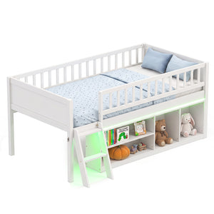 Twin Size Loft Bed with Adjustable LED Lights & Bookshelves and Guardrails for Kids