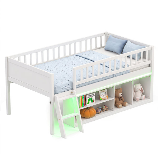 Twin Size Loft Bed with Adjustable LED Lights & Bookshelves and Guardrails for Kids