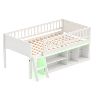 Twin Size Loft Bed with Adjustable LED Lights & Bookshelves and Guardrails for Kids