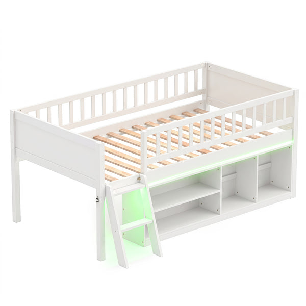 Twin Size Loft Bed with Adjustable LED Lights & Bookshelves and Guardrails for Kids