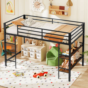 Twin size low loft bed with ladder and storage shelves, metal frame in black for boys and girls. Ideal toddler bed.