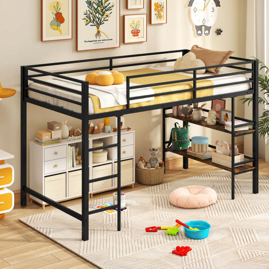 Twin size low loft bed with ladder and storage shelves, metal frame in black for boys and girls. Ideal toddler bed.