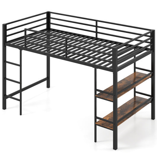 Twin Size Low Loft Bed with Ladder and Storage Shelves Metal Frame for Boys Girls-Black