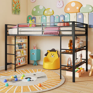 Twin Size Low Loft Bed with Ladder and Storage Shelves Metal Frame for Boys Girls-Black