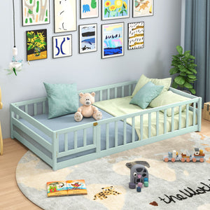 Twin Size Montessori Floor Bed Frame with Full Length Safety Guardrails-Green