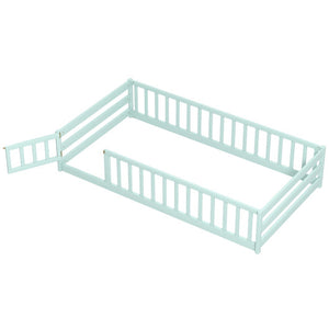 Twin Size Montessori Floor Bed Frame with Full Length Safety Guardrails-Green