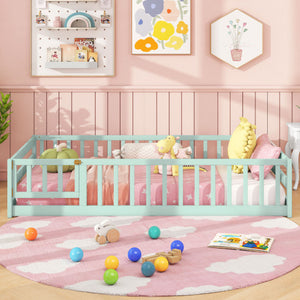 Twin Size Montessori Floor Bed Frame with Full Length Safety Guardrails-Green
