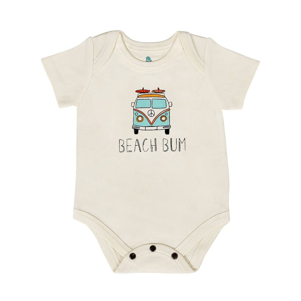 "Graphic bodysuit for babies, 'Beach Bum' design, perfect for summer fun in short sleeves."